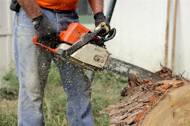 a man cutting a log with a chainsaw