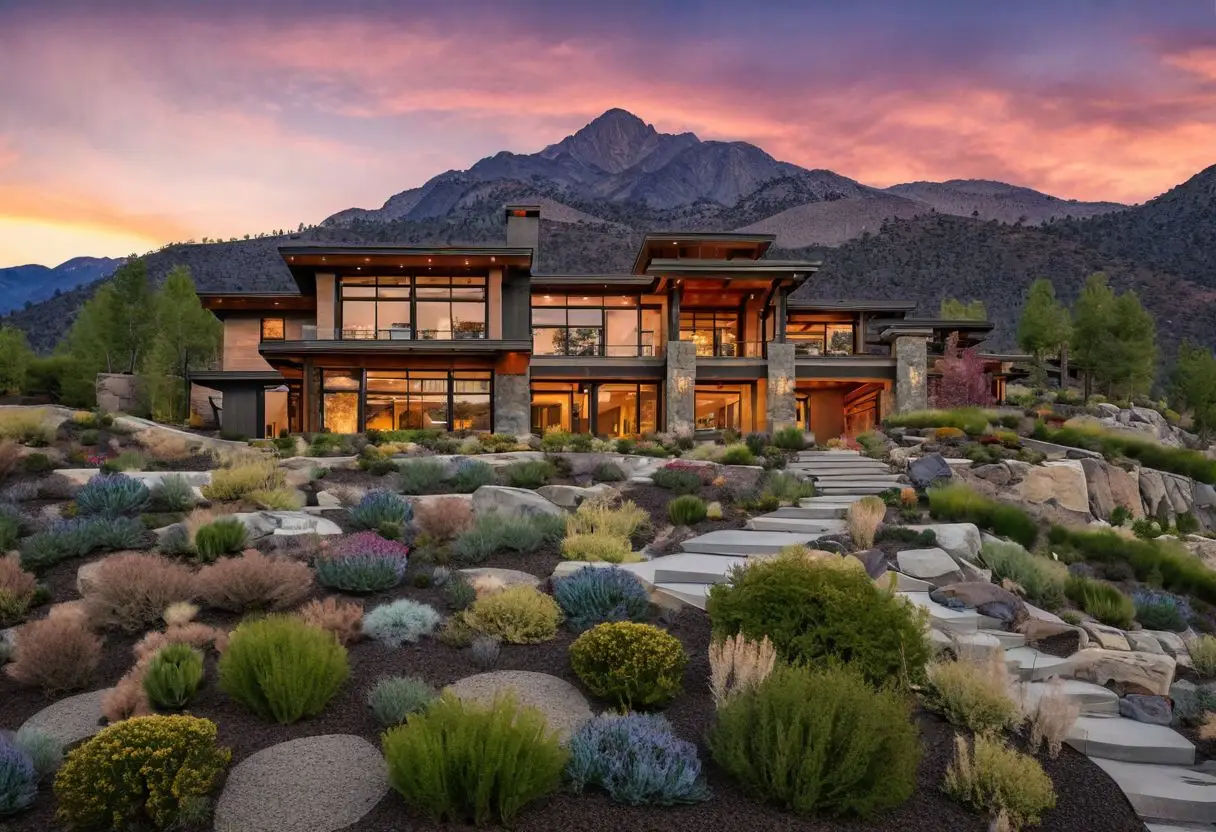 photo of a mountain modern home with beautiful landscaping against a sunset mountains backdrop